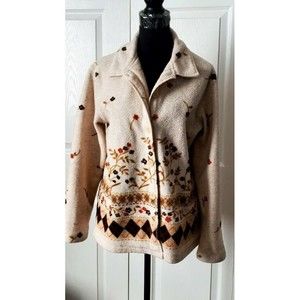 Classic Elements Womens Fleece Beige Floral Button up Jacket Collared Coat Sz S